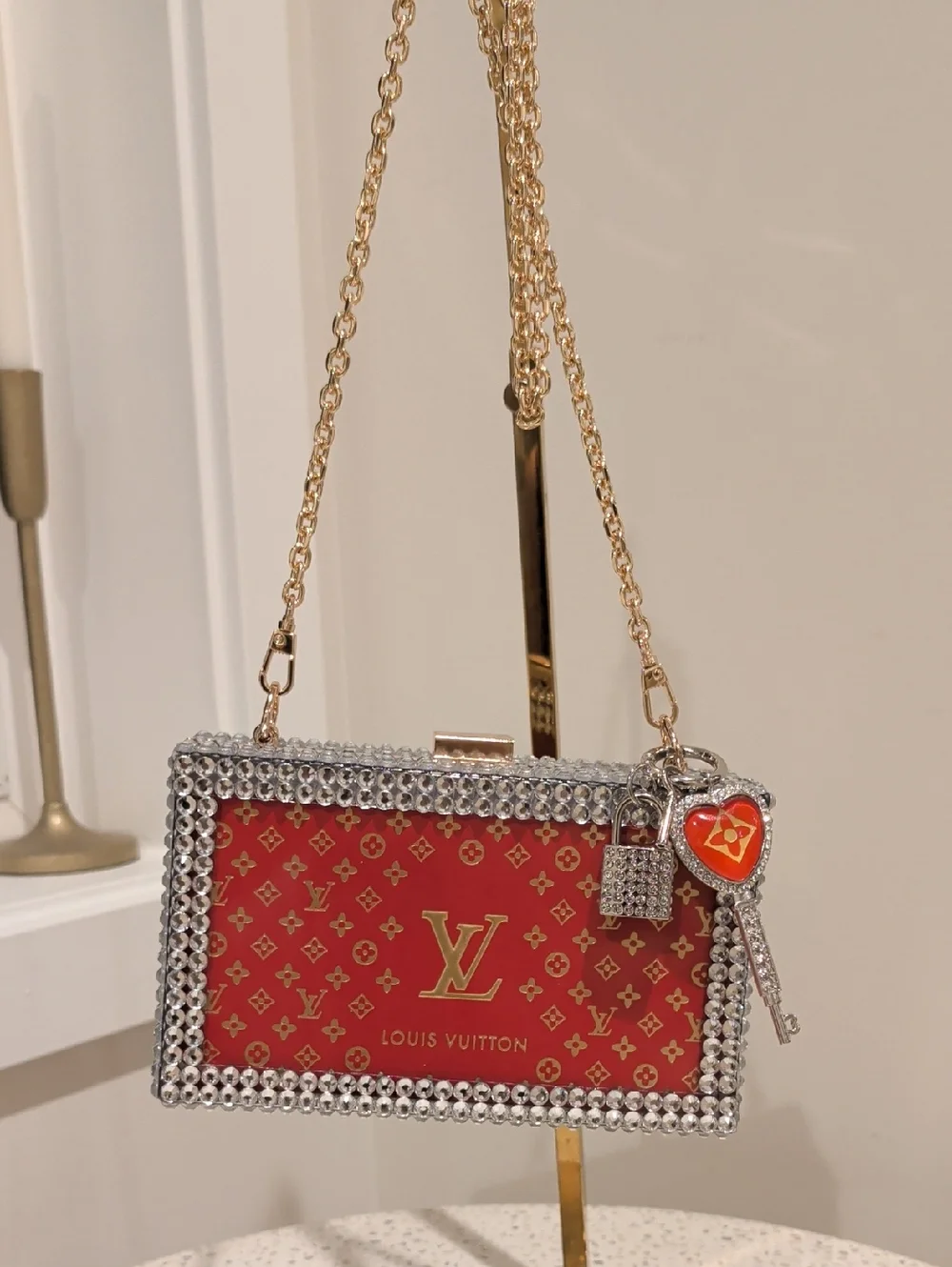 Upcycled Monogram Crystal-Trim Box Clutch with Clear Chain